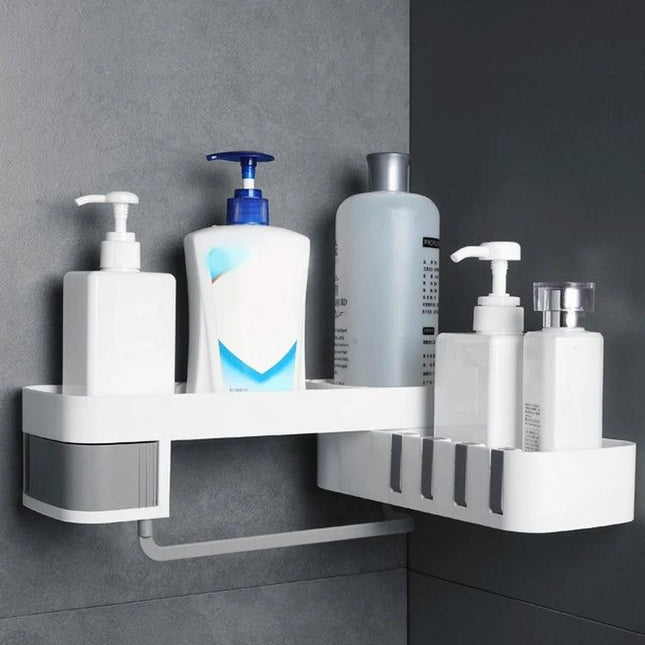 Practical Wall-Mounted Shelf for Daily Bathroom Storage holding shampoo, soap dispensers and toiletries to keep countertops clutter-free