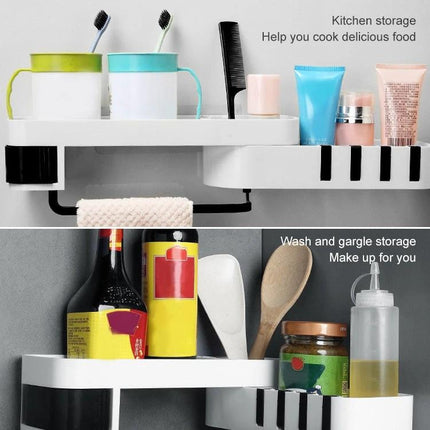 Practical Wall-Mounted Shelf for Daily Bathroom Storage showing toiletries, toothbrushes, towels and hidden hooks to reduce countertop clutter
