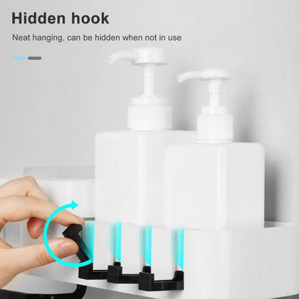 Practical Wall-Mounted Shelf for Daily Bathroom Storage with hidden hooks holding bottles and washcloths to reduce countertop clutter