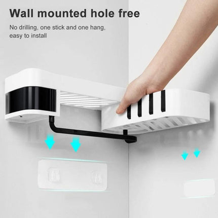 Practical Wall-Mounted Shelf for Daily Bathroom Storage - white no-drill corner shelf with hidden hooks for toiletries and towels