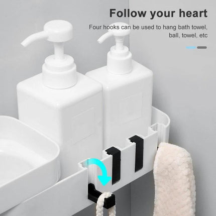 Practical Wall-Mounted Shelf for Daily Bathroom Storage with hidden hooks holding towels and bottles to keep countertops tidy