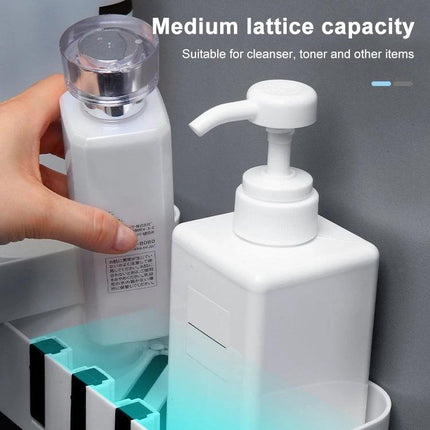 Practical Wall-Mounted Shelf for Daily Bathroom Storage holding pump bottles and toiletries with hidden hooks to keep counters tidy
