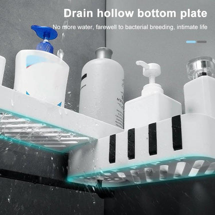 Practical Wall-Mounted Shelf for Daily Bathroom Storage with drain hollow bottom plate holding bottles and hidden hooks