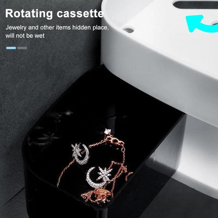 Practical Wall-Mounted Shelf for Daily Bathroom Storage showing rotating hidden cassette with jewelry stored safely in drawer