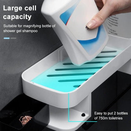 Practical Wall-Mounted Shelf for Daily Bathroom Storage holding shampoo bottle and toiletries with hidden hooks, space-saving bathroom organizer