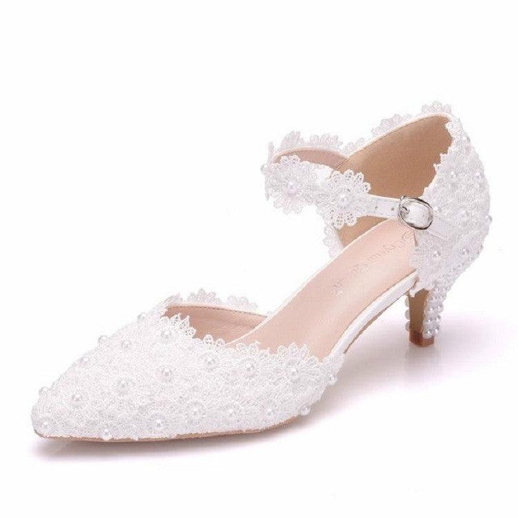 Elegant Pearl Embellished Lace-Up Pointed Stiletto Shoes for Women