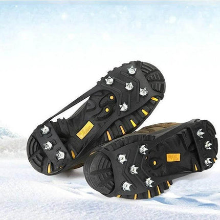 Ice Claw 8 Tooth Ice Cleats for Shoes Medium Size All Season on hiking boots showing TPE rubber sole and 8-tooth steel studs for traction