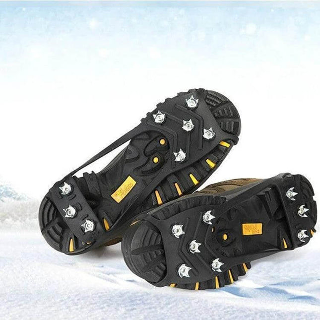 Ice Claw 8 Tooth Ice Cleats for Shoes Medium Size All Season on hiking boots showing TPE rubber sole and 8-tooth steel studs for traction