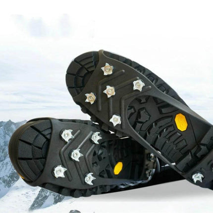 Ice Claw 8 Tooth Ice Cleats for Shoes Medium Size All Season on black shoes showing 8-tooth steel studs for all-season traction
