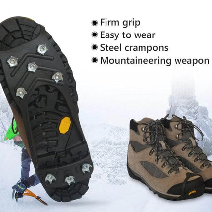 Ice Claw 8 Tooth Ice Cleats for Shoes Medium Size All Season on hiking boot sole showing 8 steel studs and tread for urban and trail traction