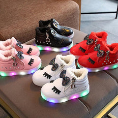 Encantadoras botas luminosas LED con lazo de cristal con pestañas para niñas