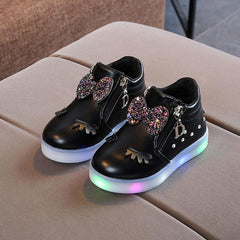 Charming LED Luminous Boots with Eyelash Crystal Bowknot for Baby Girls