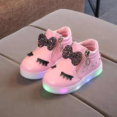 Charming LED Luminous Boots with Eyelash Crystal Bowknot for Baby Girls