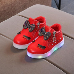 Charming LED Luminous Boots with Eyelash Crystal Bowknot for Baby Girls