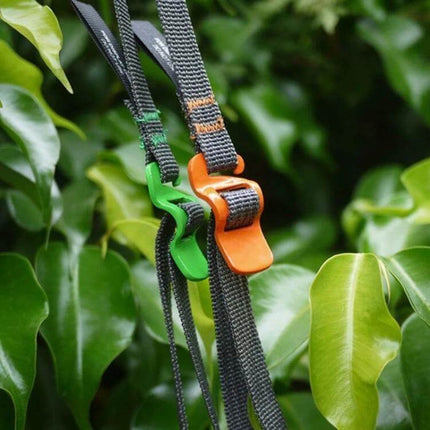 Outdoor Quick Release Camping Clothesline Rope For Hanging Laundry shown with green and orange quick-release hooks on gray webbing, portable camping clothesline