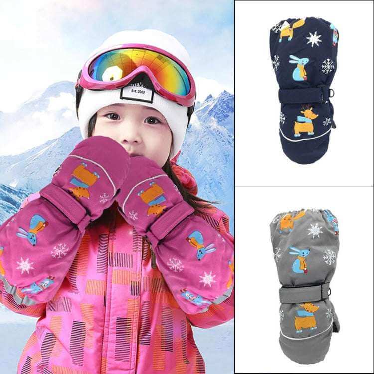 Children Sartoon Deer Rabbit Print Pattern Long Sleeves Windproof and Waterproof Ski Gloves, One Size