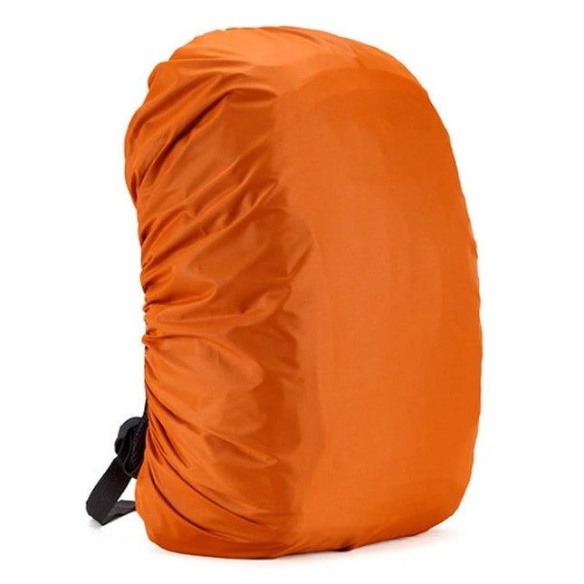 Waterproof Adjustable Rain Cover for Backpacks, 35L to 80L in bright orange protecting backpack from rain, dust, and sun