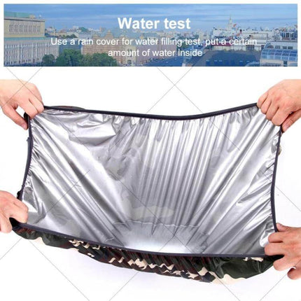 Waterproof Adjustable Rain Cover for Backpacks, 35L to 80L — silver-lined water test showing adjustable fit and full coverage to keep gear dry