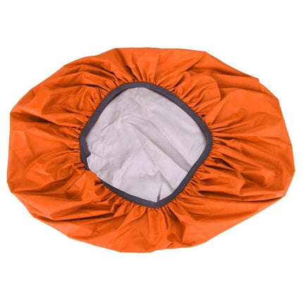 Waterproof Adjustable Rain Cover for Backpacks, 35L to 80L - orange elasticized rain cover shown protecting backpack opening