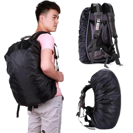 Waterproof Adjustable Rain Cover for Backpacks, 35L to 80L – black cover protecting hiking backpack from rain, dust, sun