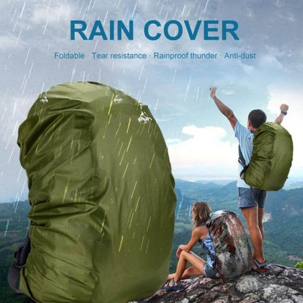 Waterproof Adjustable Rain Cover for Backpacks, 35L to 80L protecting green backpack from rain on hiking trip