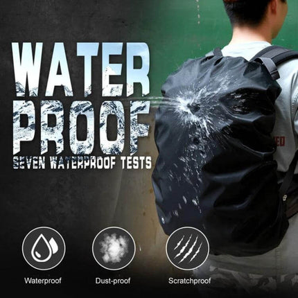 Waterproof Adjustable Rain Cover for Backpacks, 35L to 80L on a black backpack repelling water, dust-proof and scratchproof protection
