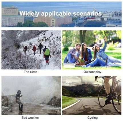Waterproof Adjustable Rain Cover for Backpacks, 35L to 80L shown in hiking, outdoor play, bad weather and cycling scenarios