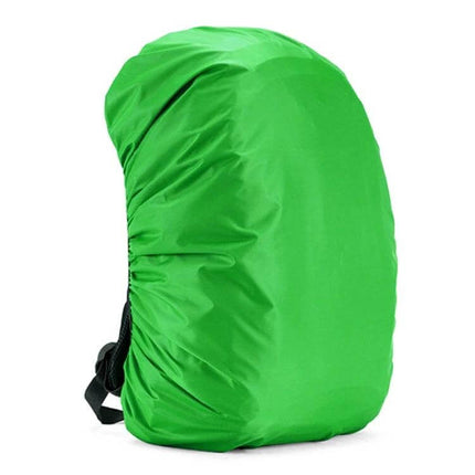 Waterproof Adjustable Rain Cover for Backpacks, 35L to 80L in bright green protecting a hiking backpack from rain and dust