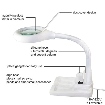 Versatile Magnifying Desk Lamp for Daily Reading and Crafts with 360-degree adjustable arm, 88mm magnifying glass and accessory base