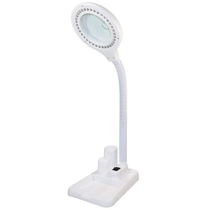 Versatile Magnifying Desk Lamp for Daily Reading and Crafts showing white adjustable 360-degree arm, LED ring, magnifying lens and organizer base