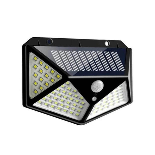 Outdoor Solar Patio Wall Light For Garden And Balcony 100 LEDs mounted on exterior wall with 100 LEDs and solar panel, motion sensor and weather‑resistant housing