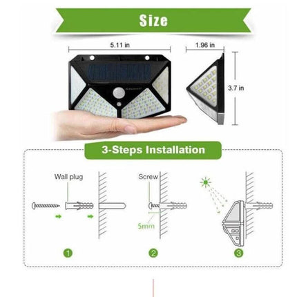 Outdoor Solar Patio Wall Light For Garden And Balcony 100 LEDs showing dimensions, 3-step installation diagram and side/front views
