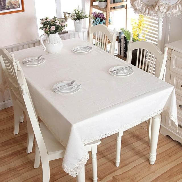 Linen Cotton Thickened Tablecloth Coffee 120x160cm For Wedding Banquet - coffee linen-cotton tablecloth with lace trim on dining table, 120x160cm size
