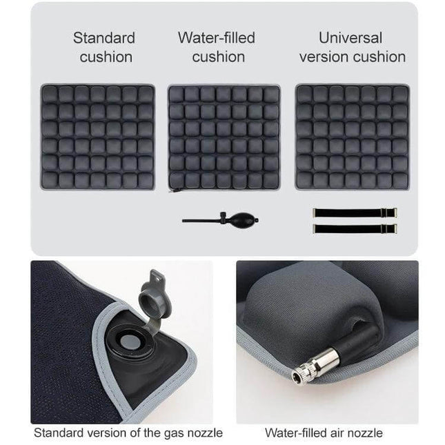 Air Cushion 46x41cm For Office And Car Daily Comfort - black water-fill and standard air nozzle seating cushion, lightweight travel and office support