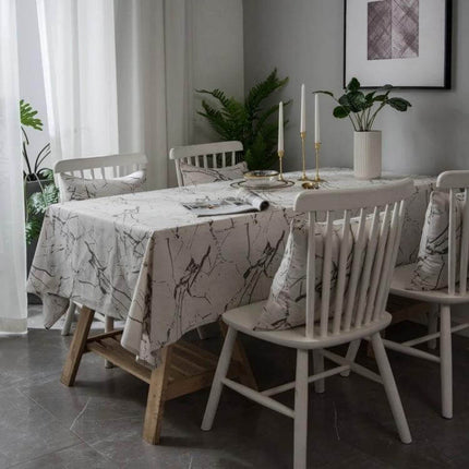 Marble Pattern Tablecloth For Dining And Home Use, Cotton Linen on a rectangular dining table with neutral decor