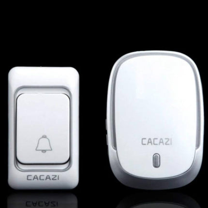 CACAZI Wireless Waterproof Doorbell for Everyday Notifications white wireless button and receiver set against black background