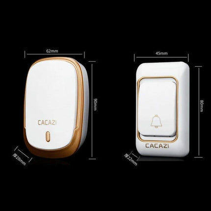 CACAZI Wireless Waterproof Doorbell for Everyday Notifications white-and-gold wireless receiver and button showing dimensions
