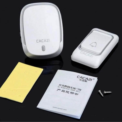 CACAZI Wireless Waterproof Doorbell for Everyday Notifications showing white wireless receiver, push button, screws and manual on black background