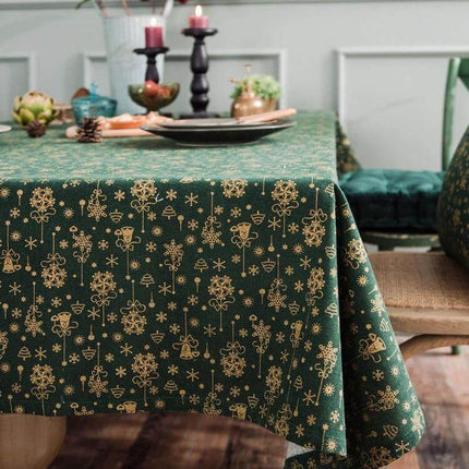 Linen Cotton Christmas Tablecloth 140x180 cm for Dining in green lace-print with gold motifs on rectangular dining table