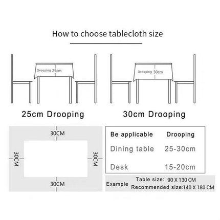 Linen Cotton Christmas Tablecloth 140x180 cm for Dining showing recommended 25–30cm drooping guide and table size diagram