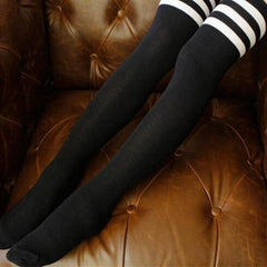 Trendy Black and White Striped Thigh High Socks for Campus Chic