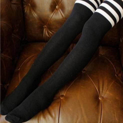 Trendy Black and White Striped Thigh High Socks for Campus Chic