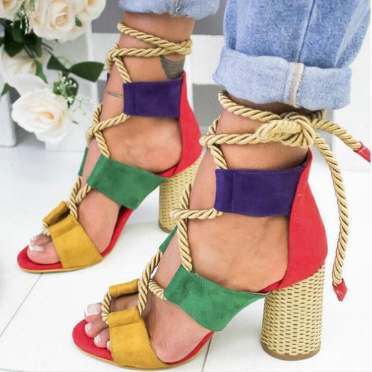 Vibrant Color Block Openwork High Heel Lace-Up Sandals for Women