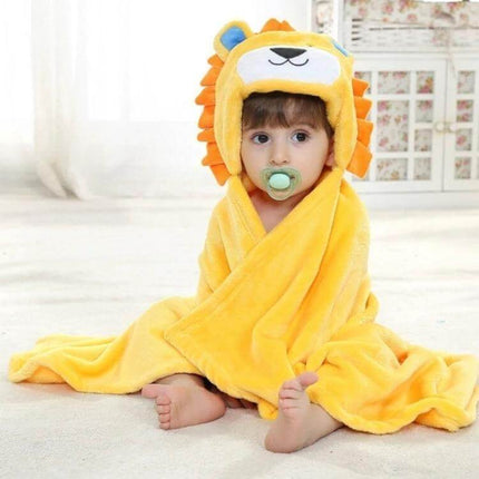 Elephant Hooded Cape Bath Towel For Babies 100x75cm - baby wrapped in yellow plush elephant hooded cape towel, soft coral velvet, cozy post-bath cover