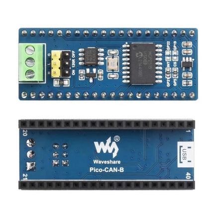 Waveshare CAN Bus Module for Raspberry Pi Pico Remote Communication showing top and bottom PCB views for CAN interface