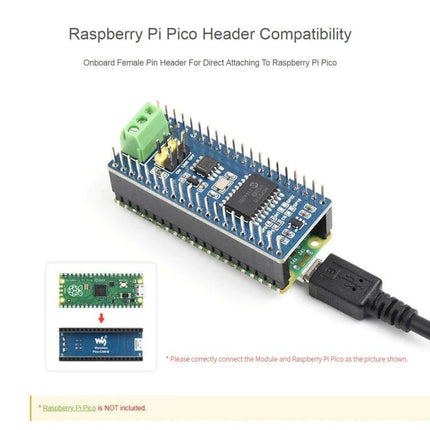 Waveshare CAN Bus Module for Raspberry Pi Pico Remote Communication connected to Pico header showing onboard female pin header and green terminal