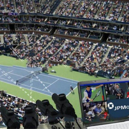 Smart USB Microscope for Live Viewing and Home Use - product shot inset over a crowded tennis stadium, showing live monitoring and recording setup