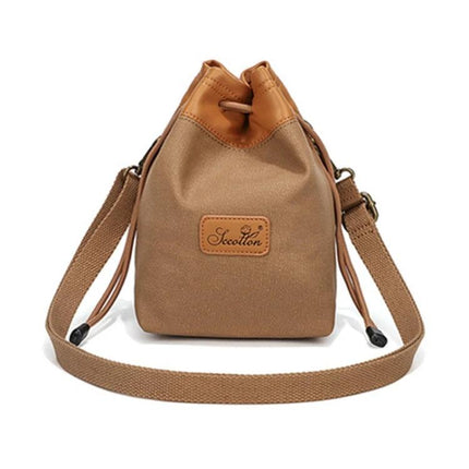 S.C. Cotton Waterproof Camera Lens Protection Storage Bag in tan with padded, water-repellent drawstring design and adjustable shoulder strap