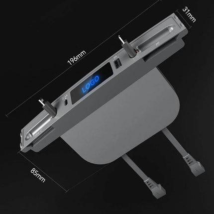 Model 3 Y Interior Charger Docking Hub With Telescopic Cables fitted center console view with two 8-pin telescopic cables, USB-C PD port and dimensions