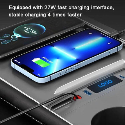Model 3 Y Interior Charger Docking Hub With Telescopic Cables showing phones charging via USB-C PD and two 8-pin telescopic cables in center console